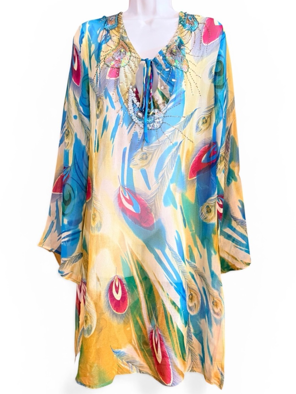 Vintage Anis A 100% Silk Tunic Dress L Beaded Feather Print Boho Resort Luxe - Picture 14 of 14